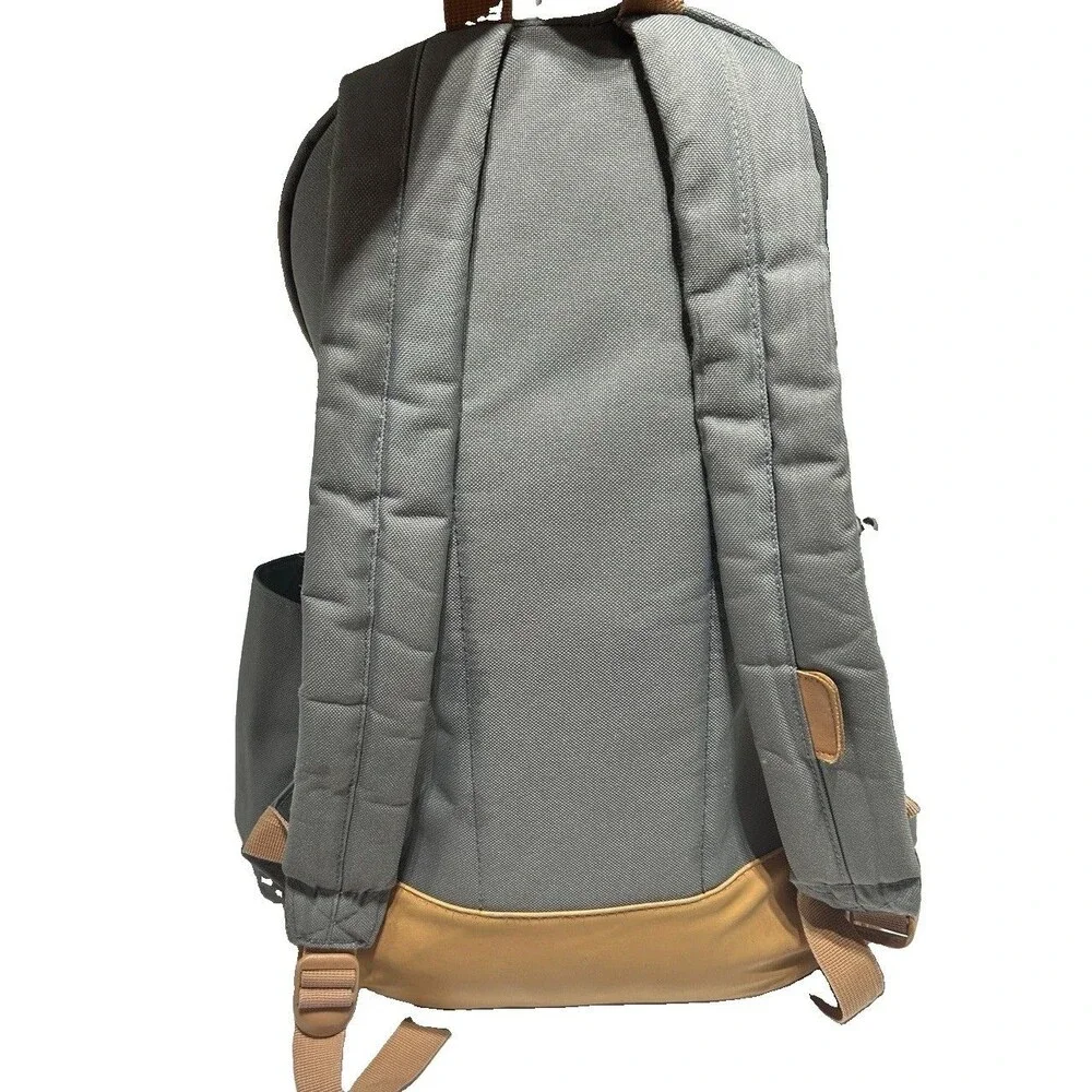 Lucky Brand Grey Canvas Backpack Tan Faux Leather Trim Clover Logo Travel Bag